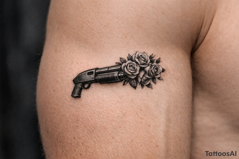 Realistic shotgun with vibrant roses overflowing the muzzle. tattoo idea