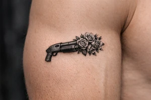 Realistic shotgun with vibrant roses overflowing the muzzle. tattoo idea