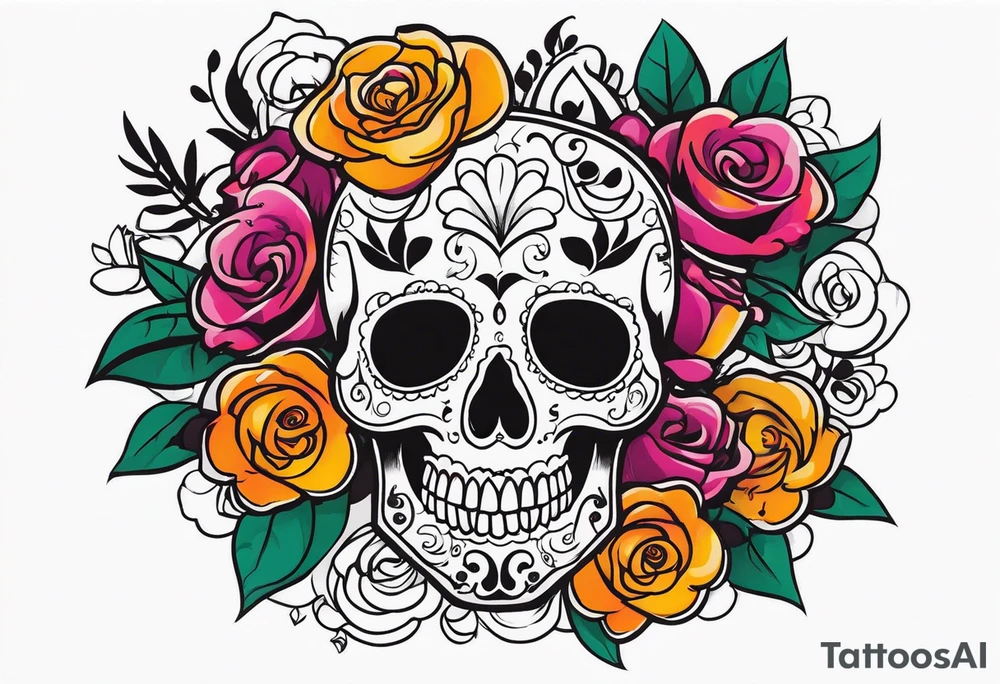 chest tattoo, from shoulder to shoulder, contains skulls, roses and muertos style girls tattoo idea