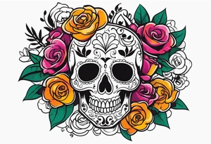 chest tattoo, from shoulder to shoulder, contains skulls, roses and muertos style girls tattoo idea