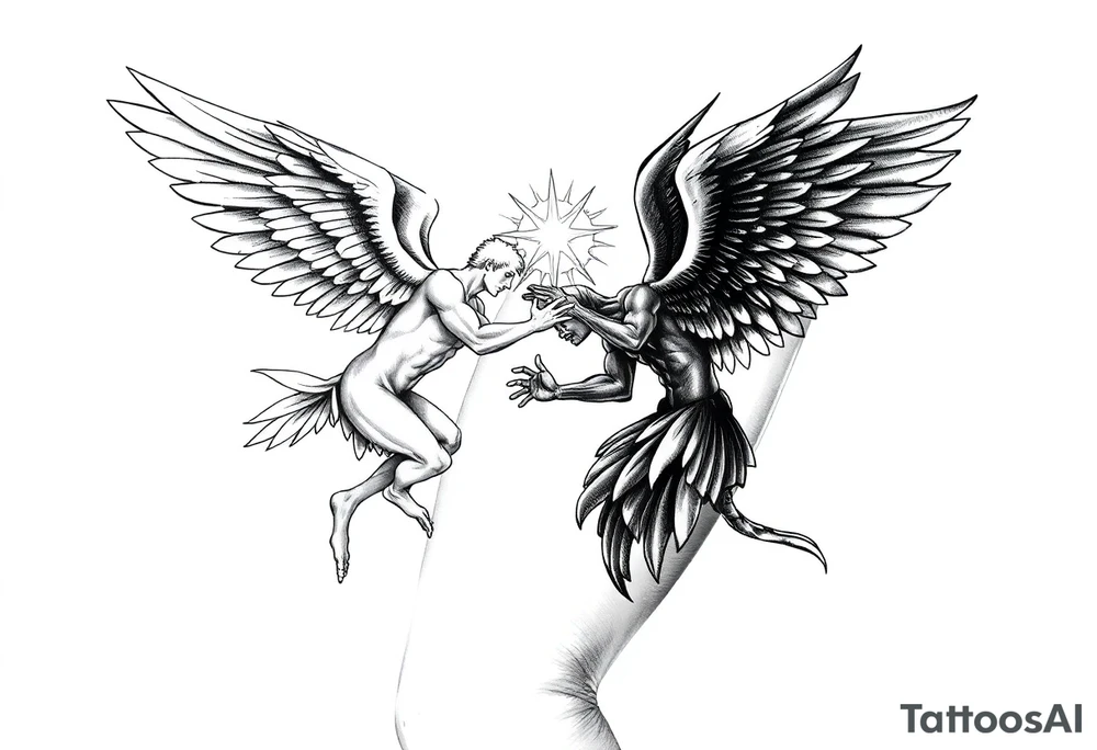 white angel and black angel flying at each other, fighting over a halo tattoo idea