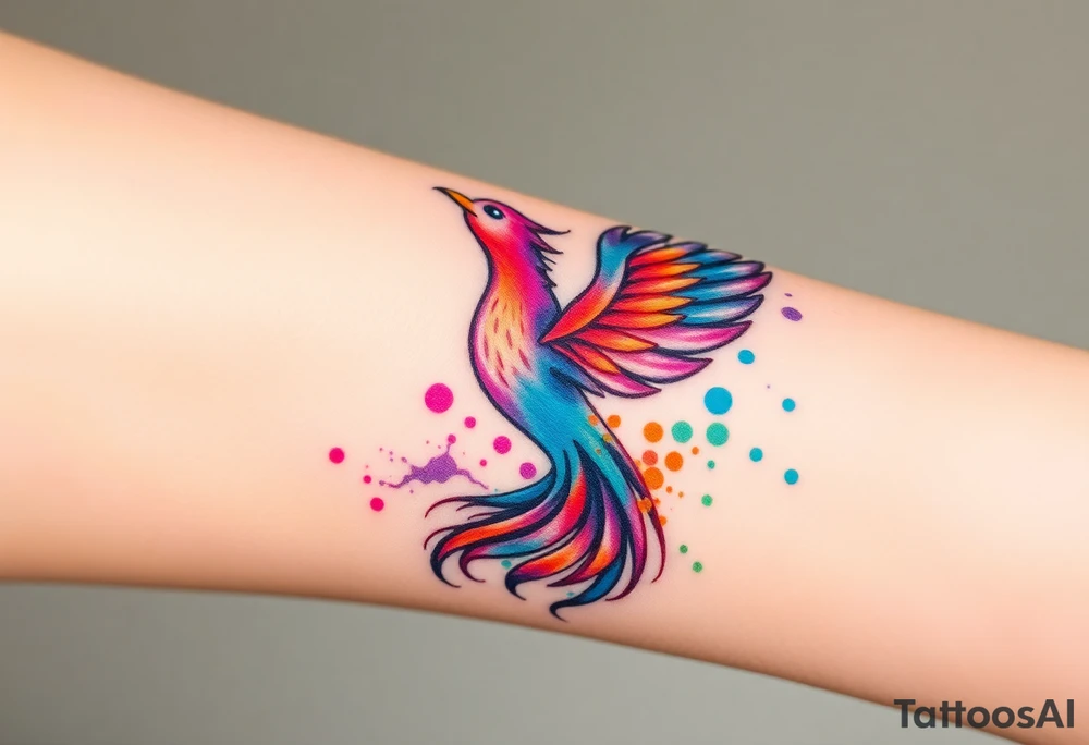 Phoenix in fire with purple, blue, orange, teal and green splashes, looking up tattoo idea
