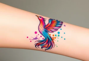 Phoenix in fire with purple, blue, orange, teal and green splashes, looking up tattoo idea