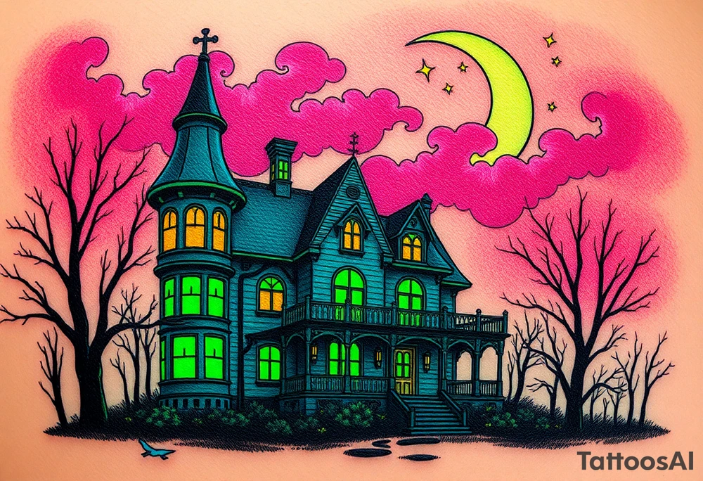 Tim Burton’s haunted victorian home is abandoned and dripping with muted reds, dusty pinks, and eerie green glow.purple and cyan smokey clouds swirl in the crescent moonlit sky thats sprinkled with stars tattoo idea tattoo idea