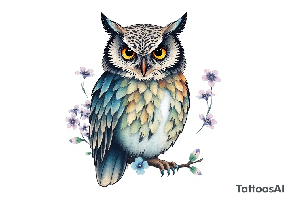 An owl outlined by forget me nots tattoo idea