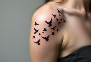 A flock of black birds soaring from the shoulder to the collarbone, symbolizing the journey to freedom. tattoo idea