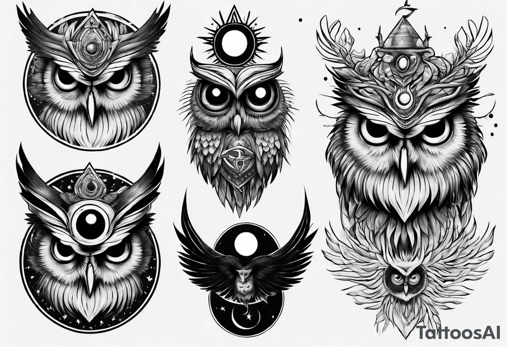 Wise Crowned Owl with the third eye and the Dark Moon. tattoo idea