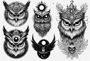 Wise Crowned Owl with the third eye and the Dark Moon. tattoo idea