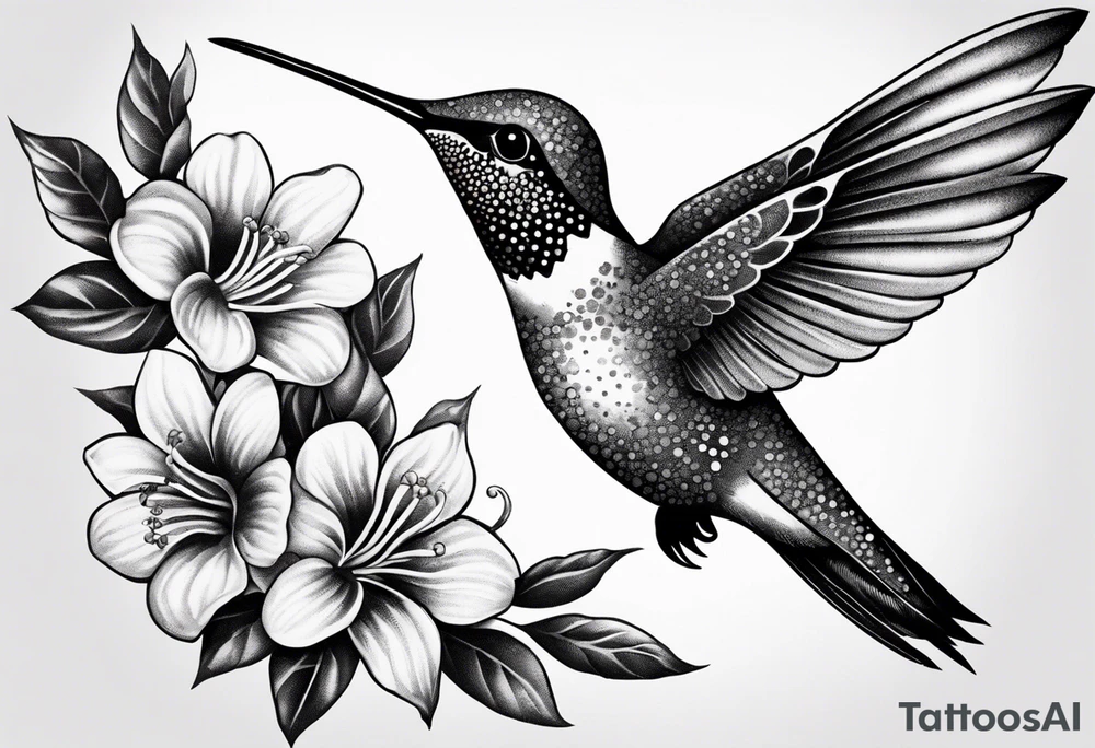 A lively hummingbird in mid-flight, sipping nectar from a flower, representing joy and energy.” tattoo idea