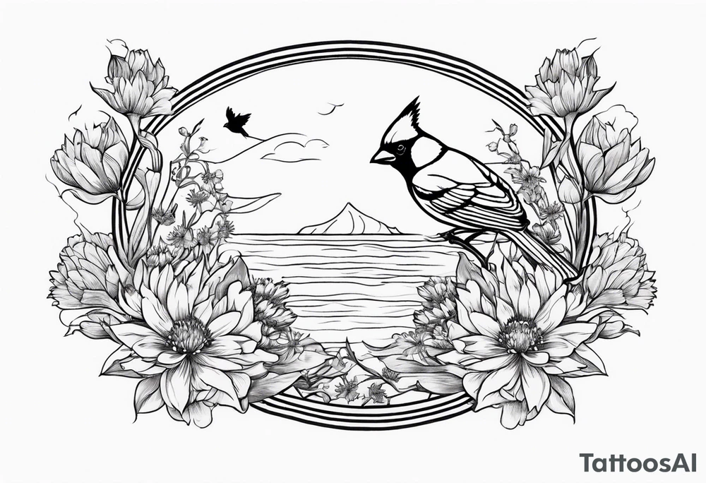 Oval shape with sea rocket and aster flowers with a small cardinal room in the center for a signature less ornate make the cardinal smaller and leave the center empty smaller cardinal and put it on the flowers tattoo idea