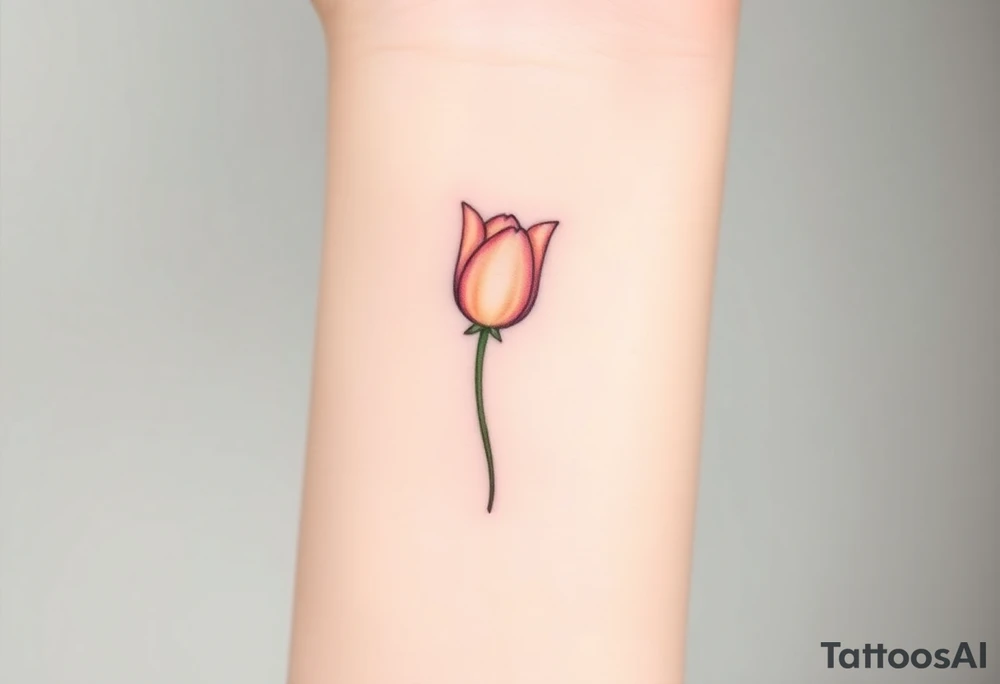 A simple tulip tattoo idea could be a single, delicate tulip stem with clean, minimal lines. The tulip’s petals are soft and slightly curved, drawn in a light pastel color, like pink or peach, symbolizing love and elegance. The stem is thin and graceful, with a subtle green hue. A gentle shadow under the petals adds depth without complicating the design. This tattoo would work well on the wrist, ankle, or behind the ear for a subtle, feminine look. tattoo idea