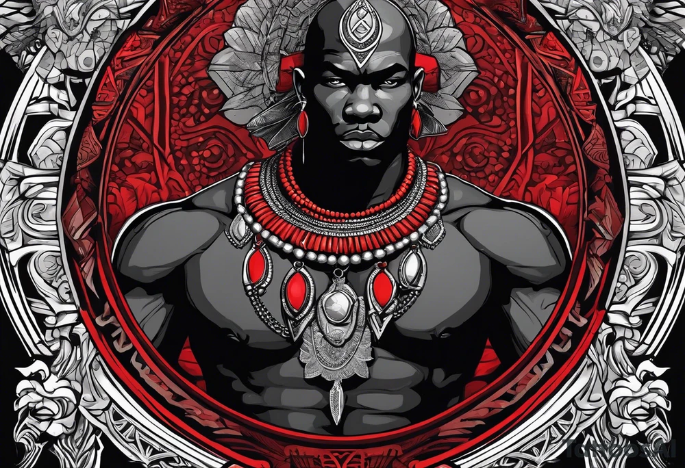 Black-skinned bald african warrior. He is a god of the war. Wears a simple red necklace and a silver crown tattoo idea