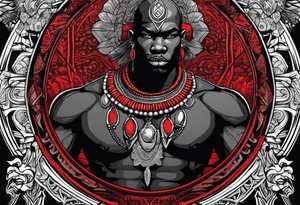 Black-skinned bald african warrior. He is a god of the war. Wears a simple red necklace and a silver crown tattoo idea