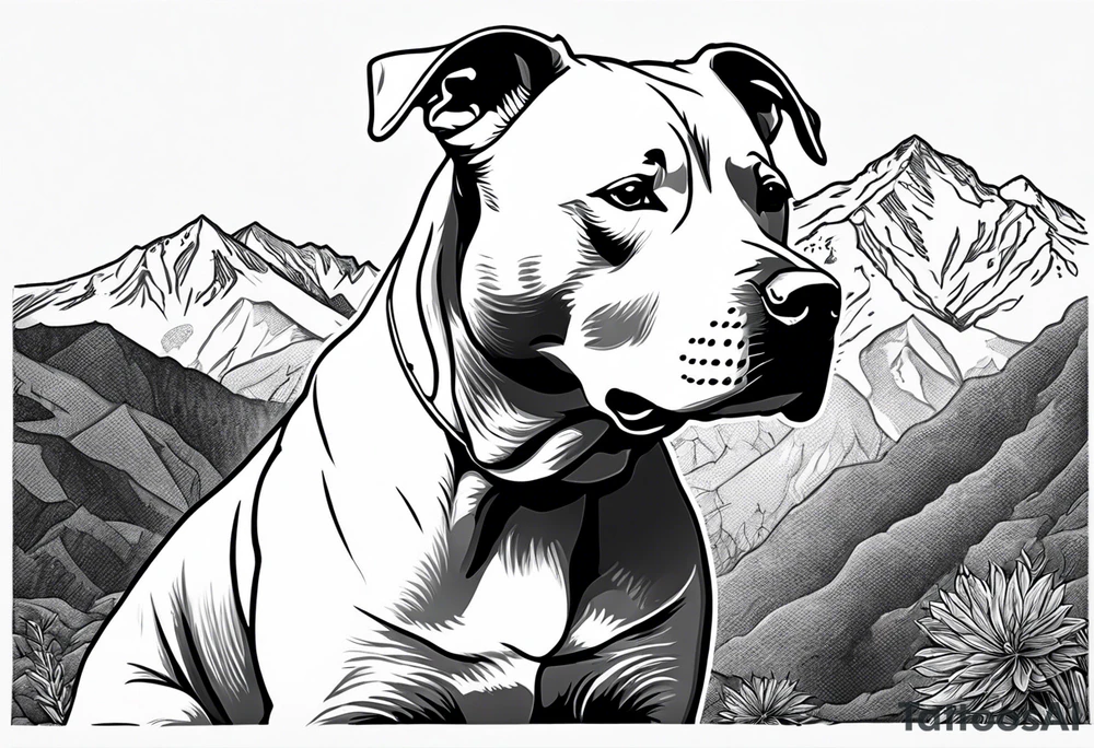 white purebred pitbull with a black spot on left eye  with mountain in the background tattoo idea