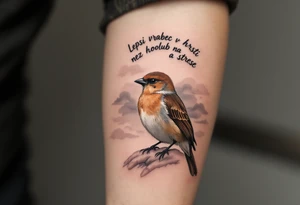 "Lepsi vrabec v hrsti nez holub na strese." — A realistic sparrow shaded in warm browns perched on a hand, with soft gray clouds and the quote curved above in black ink. tattoo idea