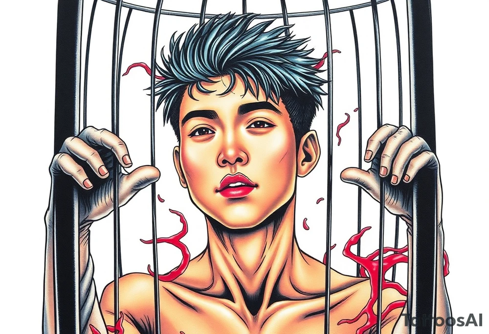 Handsome Asian young guy in scary cage tattoo idea