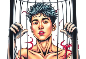 Handsome Asian young guy in scary cage tattoo idea