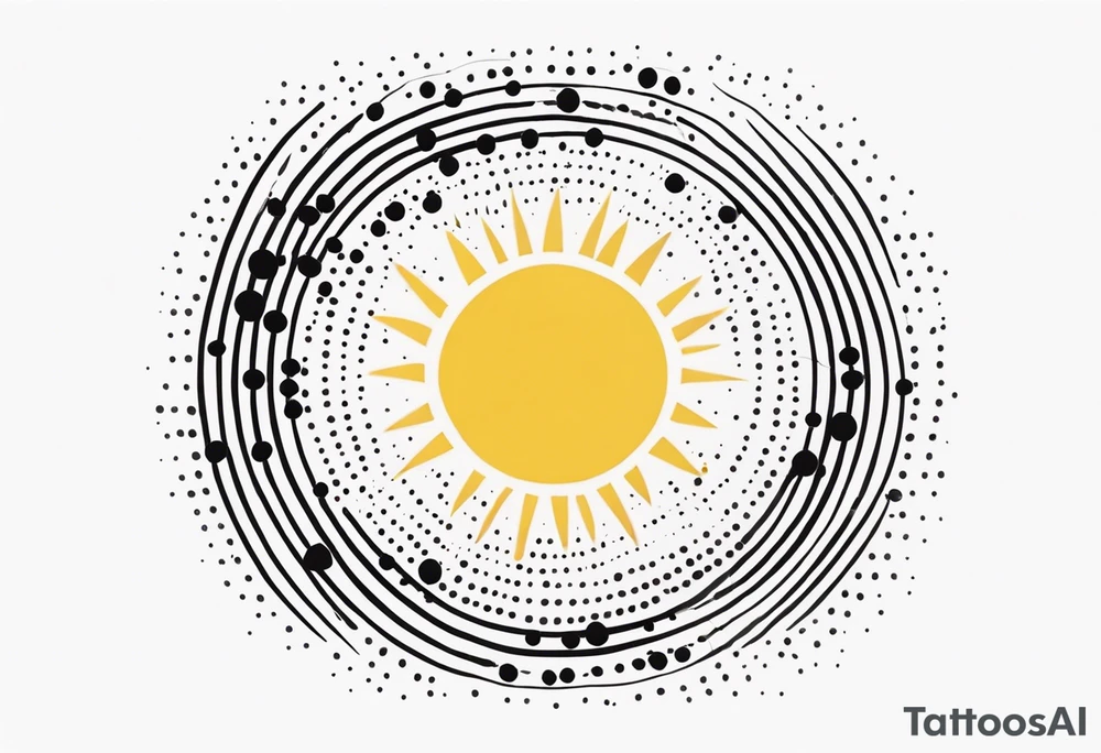 simple sunshine made of black dots with circles. rays coming out tattoo idea