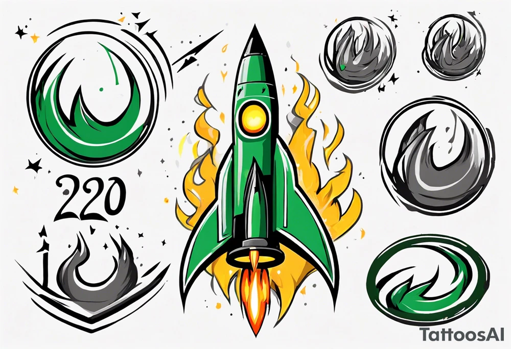 Simple cartoon rocket in green, gray, yellow, blue

Fire coming out the rocket

Black ring around the rocket with "26.2" written at the 10 o-clock position tattoo idea