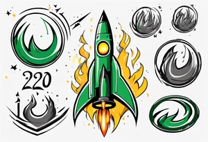 Simple cartoon rocket in green, gray, yellow, blue

Fire coming out the rocket

Black ring around the rocket with "26.2" written at the 10 o-clock position tattoo idea