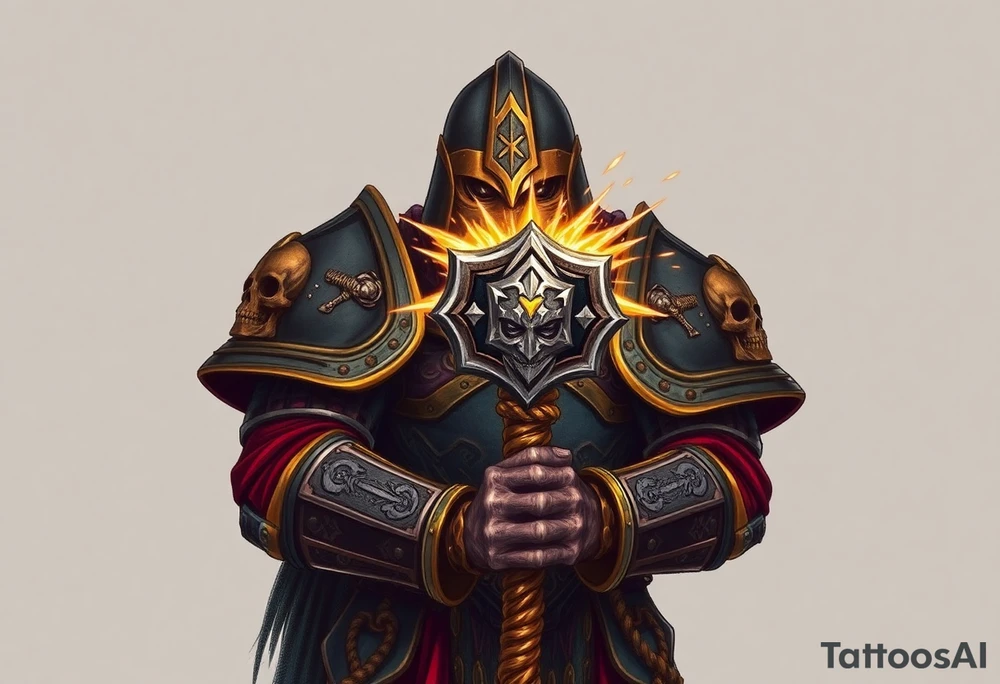 Warhammer, the Old World. A warrior priest of Sigmar holding The Warhammer of Sigmar. The Warhammer of Sigmar is radiating thunderous energy. The Warhammer is held by the warrior priest with both hands at the shaft with a firm grip in order to contain its unlimited energy, upon his chest level. The Warrior priest is wearing dark alloyed heavy armour (reference armor from warhammer vermintide 2 Victor Saltzpyres, the warrior priest of Sigmar class) with skull sigils on his shoulder pads. The warrior priest is wearing a helmet, while the helmets front visor has an humanoid face covering. The helmet and armour are gladened with hints of gold and crimson red. The Warhammer is silverish and golden with a long shaft with twisted carvings. tattoo idea
