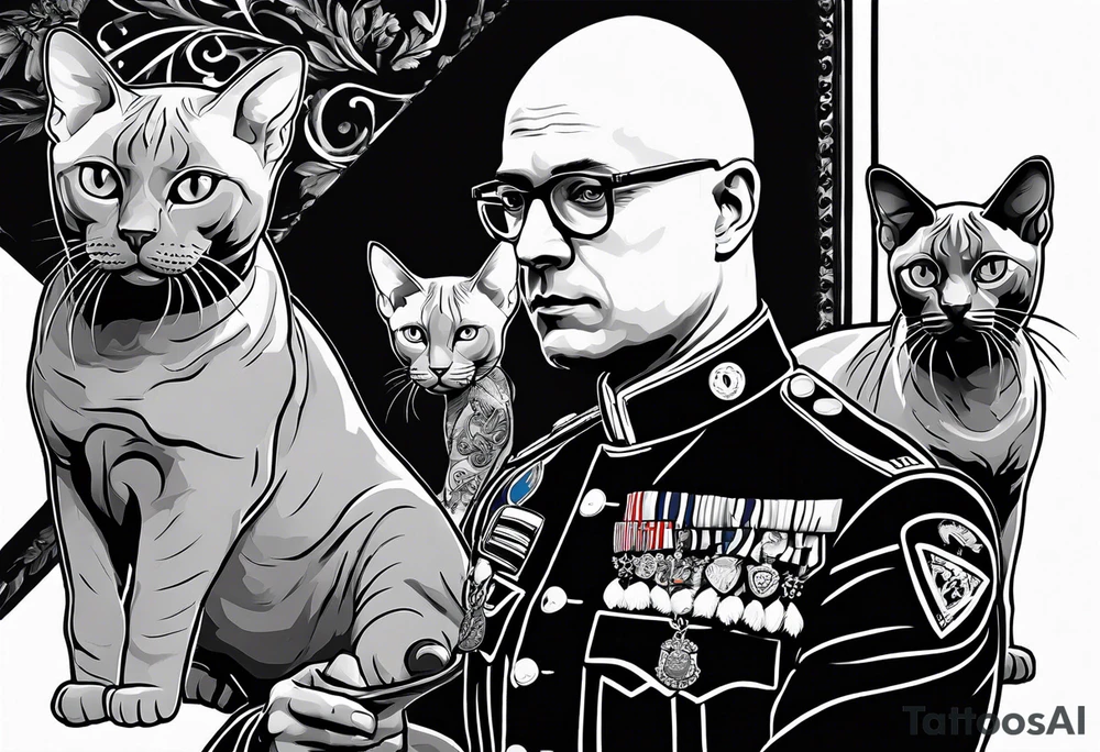 sven is a skinny bald german doctor in soldiers uniform with sphynx cats around him tattoo idea