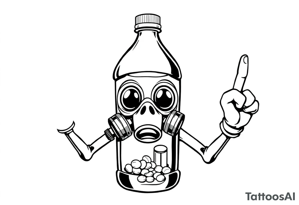A caricature 2 liter bottle with bulging cartoon eyes and a gas mask on where it’s mouth and nose are supposed to be. Inside the bottle is a lithium battery,and pseudoephedrine tablets, along with a liquid. It has cartoon stick arms with big white gloves one had is holding up his middle finger. tattoo idea