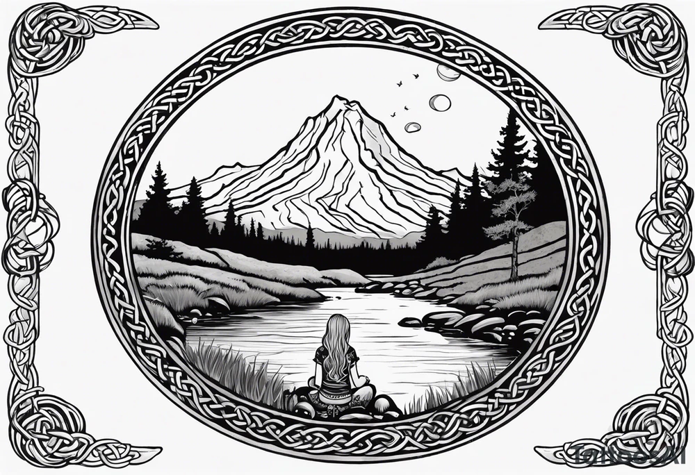 Whole picture encircled fully

Straight long blonde hair hippie girl in distance holding mushrooms in hand facing away toward mountains and creek surrounded by mushrooms long sleeve shirt and hiking pants; whole rendering within a full celtic circle border, no cut off circle tattoo idea