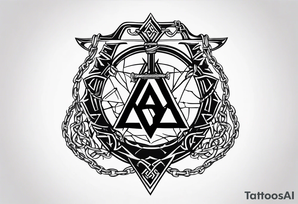 Valhalla sword shield axe barbed wire chains valknut tattoo idea