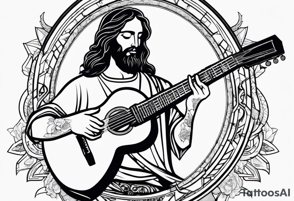 create a Jesus holding a guitar in one hand and a machine gun in the other tattoo idea