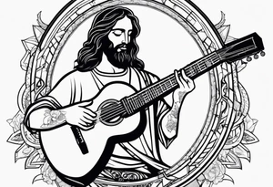 create a Jesus holding a guitar in one hand and a machine gun in the other tattoo idea