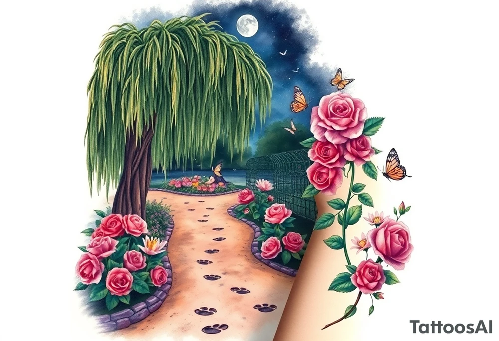 Night time.  weeping willow garden with roses and liles flower beds. fantasy creatures, fairies, mermiads, dragons butterflies,  cat paw prints path in dirt. tattoo idea