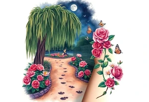 Night time.  weeping willow garden with roses and liles flower beds. fantasy creatures, fairies, mermiads, dragons butterflies,  cat paw prints path in dirt. tattoo idea