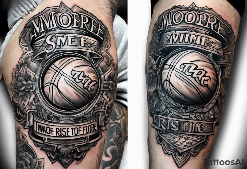 A thigh tattoo of the name Moore and also says from the past we rise to our future somehow tie a small basketball into it tattoo idea