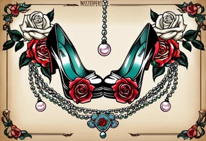 Pearl necklace wrapped around 1950s pinup pumps with roses surrounding tattoo idea