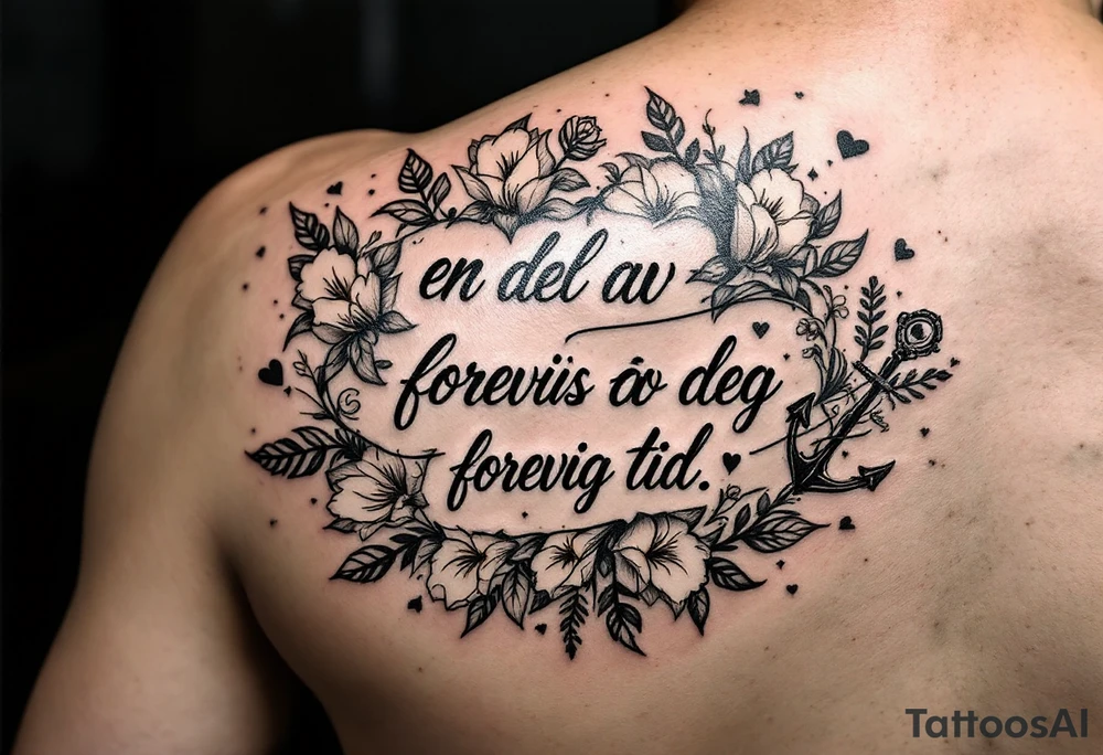 Quote: en del av deg forevig tid. Pappa 20.12.24
Surround the quote with gladiolius, notes, a heart and an anchor tattoo idea