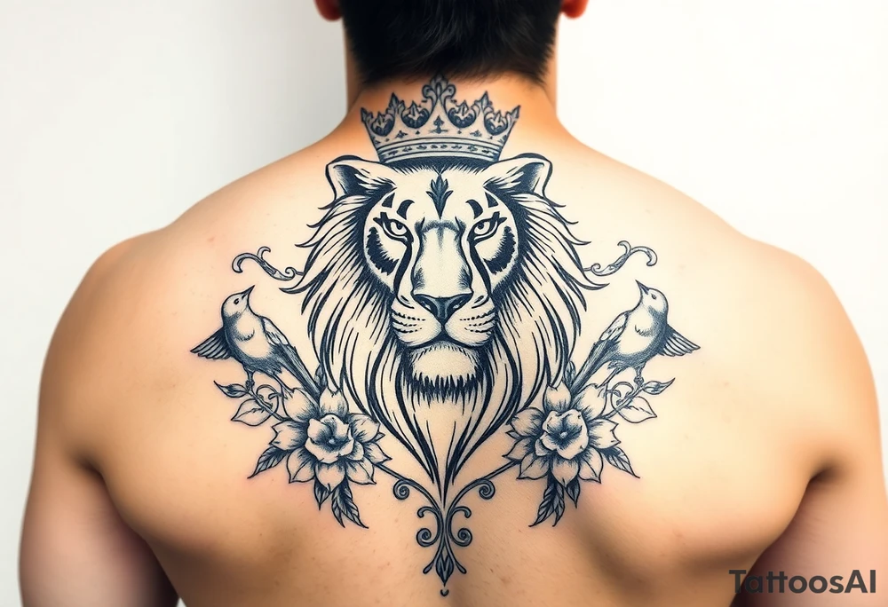 powerful majestic lion with a crown, surrounded by floral ornaments and birds tattoo idea