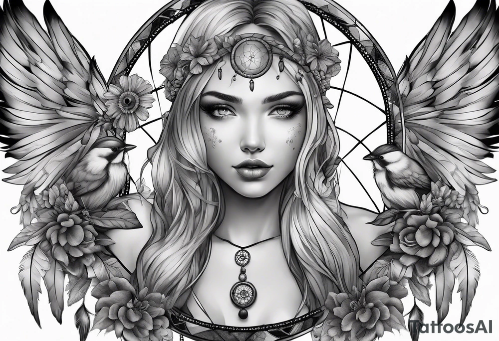 A fairies with mushrooms and eyeballs in a dreamcatcher with feathers tattoo idea