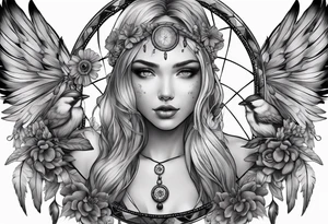 A fairies with mushrooms and eyeballs in a dreamcatcher with feathers tattoo idea