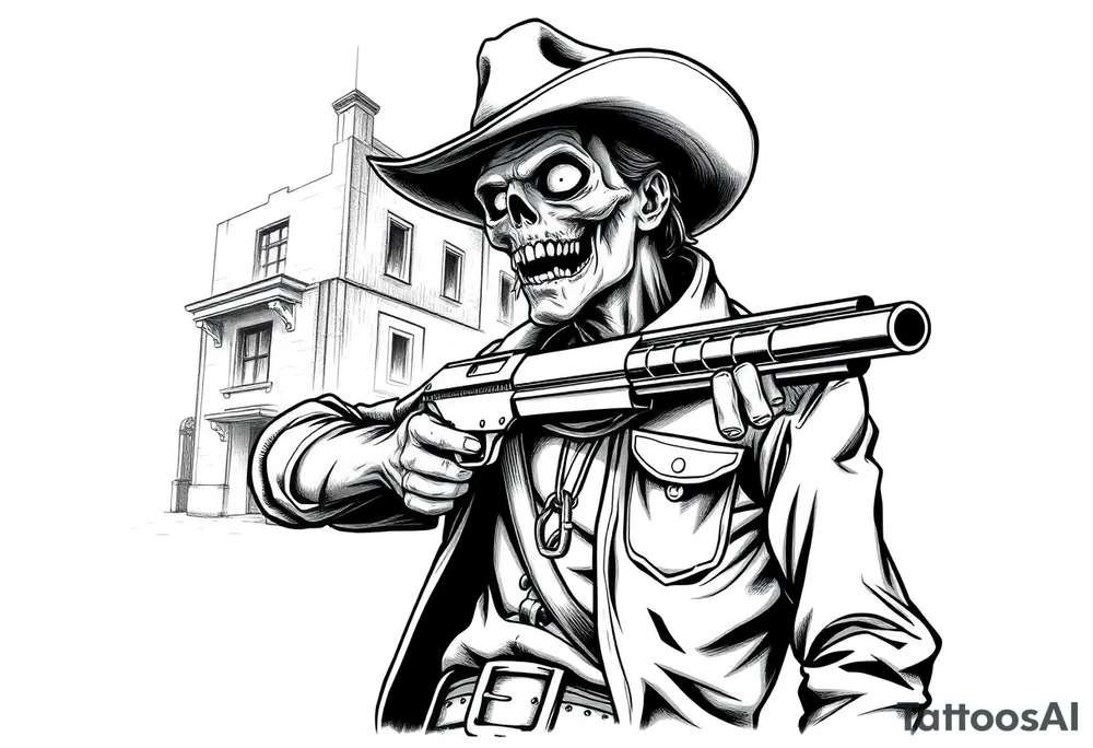 zombie in cowboy-clothing,old buildings,big gun. tattoo idea