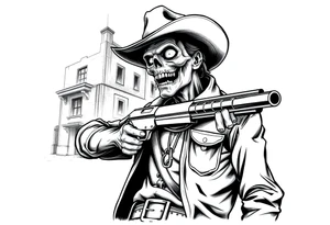 zombie in cowboy-clothing,old buildings,big gun. tattoo idea