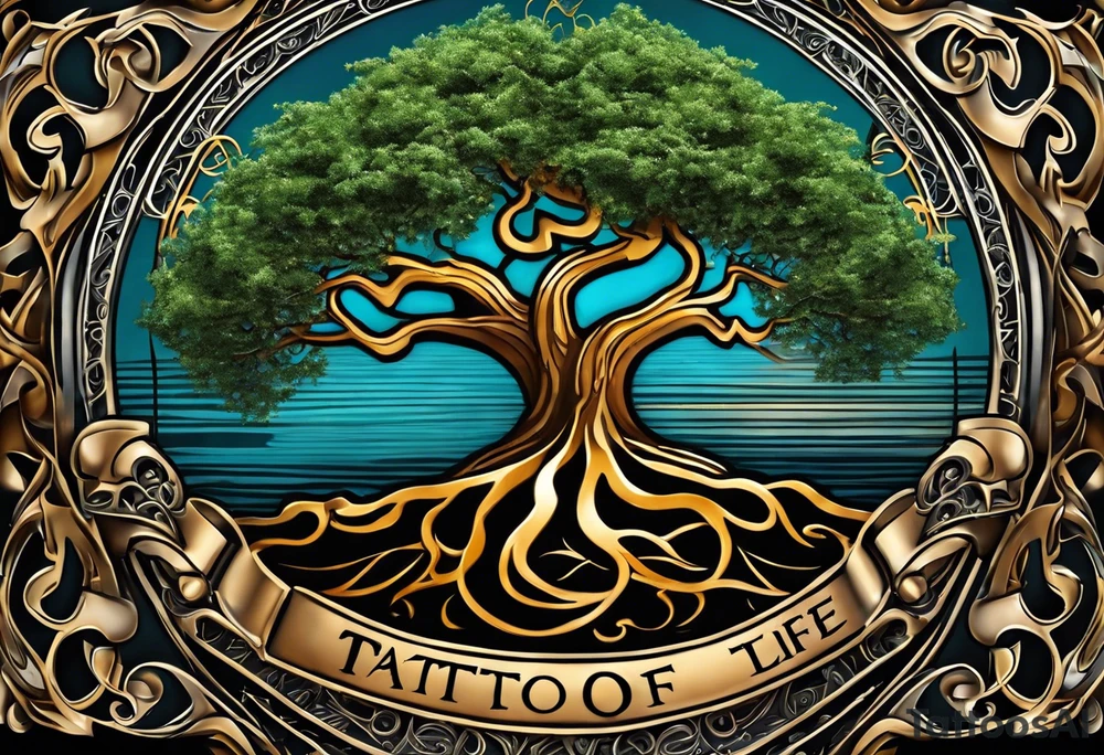 A tattoo design that incorporates the following elements: an abstract tree of life that has roots emerging  from the ground. Waves of water wrap around the tree in a non symmetrical design.  Incorporate musical notes into the tree. the letters U and A are overlapping and engraved into the tree. The game of golf incorporated but not prominent. tattoo idea