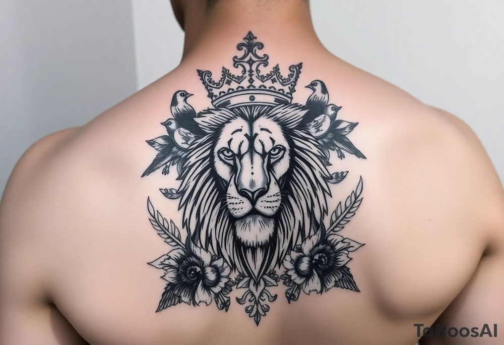 powerful majestic lion with a crown, surrounded by floral ornaments and birds tattoo idea