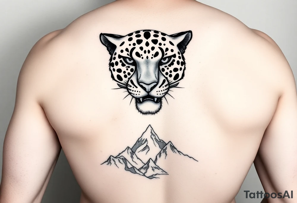 Jaguar face in the back of the arm close to elbow mountains at the bottom close to the wrist tattoo idea