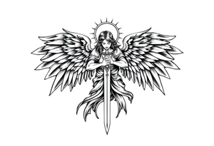 Majestic and powerful archangel wearing a halo, having six wings, weilding a sword tattoo idea