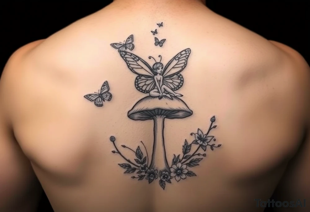 Butterfly fairy sitting on mushroom with butterflies JUSTIN at the top tattoo idea