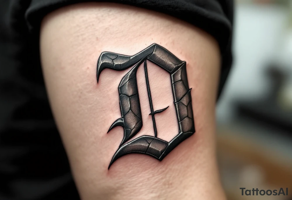 Stone Carved D – A textured stone-effect letter D in gray and charcoal, cracked like ancient ruins with moss-green highlights. tattoo idea