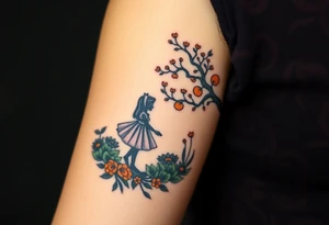 Alice in wonderland silhouette entering a garden and seeing an orange tree tattoo idea