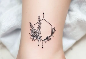 Small Feminine simple Dotted Line hexagon with Leo astrological symbol surrounded by larkspurs and water lilies tattoo idea