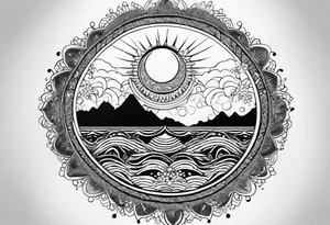 Circular Mandala Design. In the Center a half moon that is dripping water Drops into the sea. Around that a sun. Around that Mountains Made of wavy lines. tattoo idea